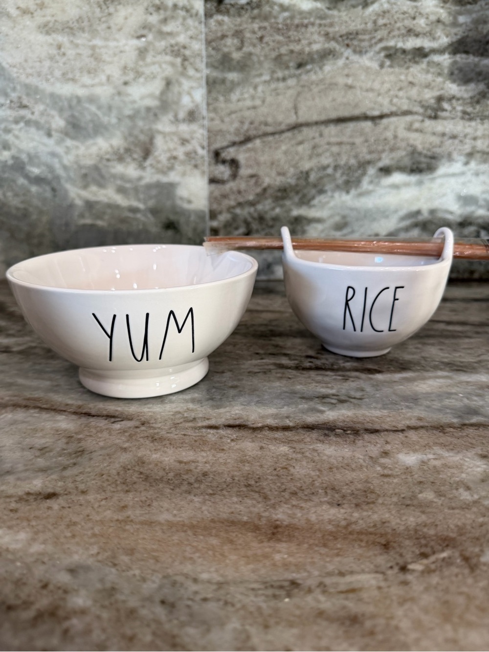 Rae Dunn White Ceramic 'YUM' & 'RICE' Bowls with Black Lettering